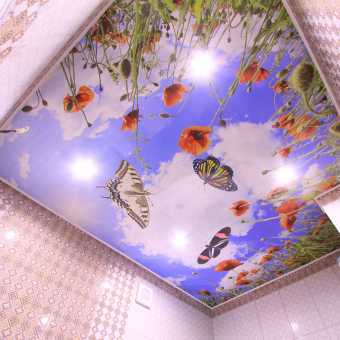 Потолок с фотопечатью в ванной комнате